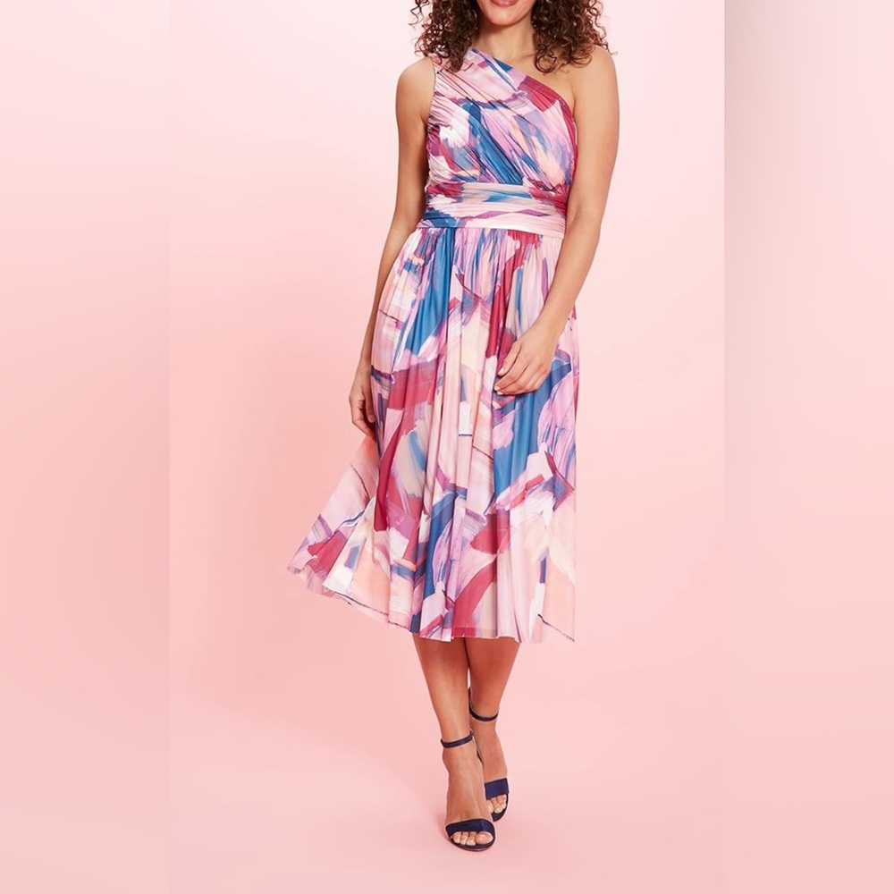 New London Times Ruched One Shoulder Mesh Midi Dress Pink Sz 14